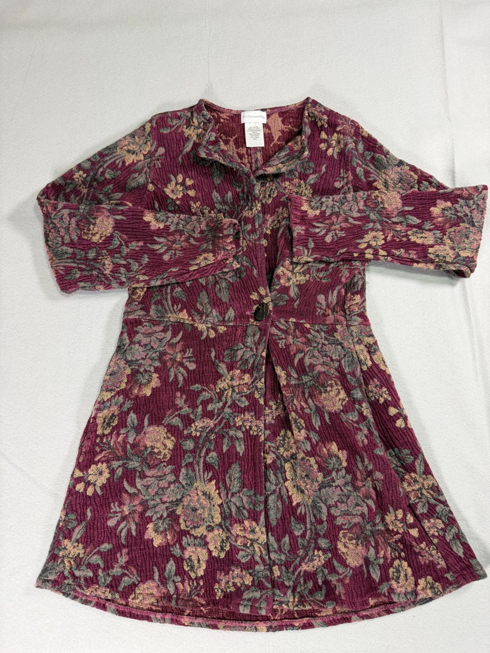 Soft Surroundings Burgundy Floral Jacquard Knit Long Jacket M Boho Coat